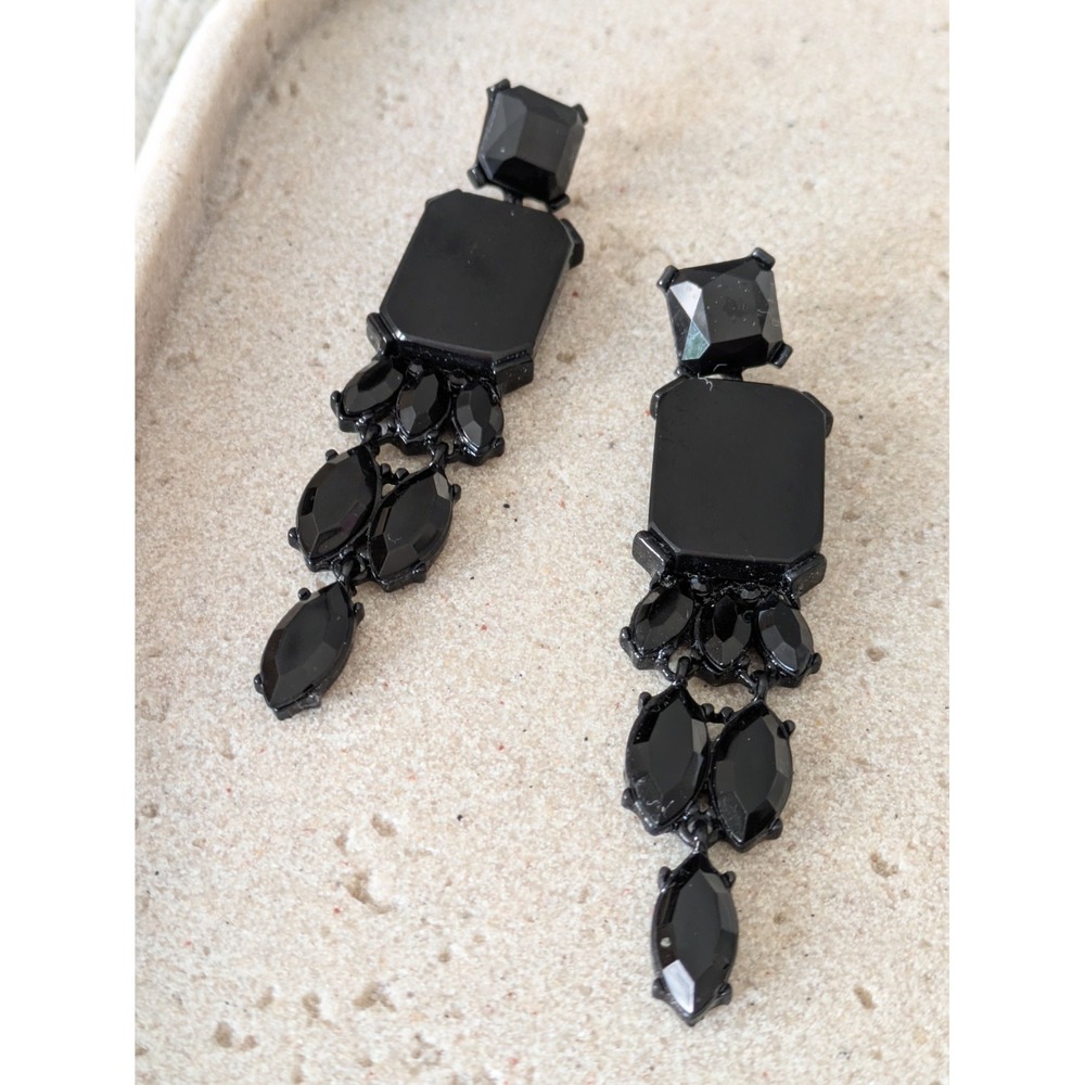 Dark Romantic Dangle Earrings In Pure Black Rhinestones Gothic Statement Glam